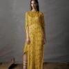 Yellow Silk Draped Dress With Crop Top And Knotted Skirt With Elbow Sleeves -Ethereal Styles sku2061