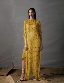Yellow Silk Draped Dress With Crop Top And Knotted Skirt With Elbow Sleeves