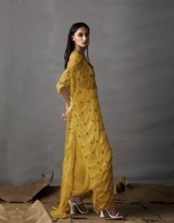 Yellow Silk Draped Dress With Crop Top And Knotted Skirt With Elbow Sleeves -Ethereal Styles sku206b