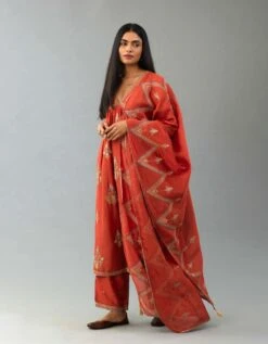 Rust Silk Chanderi Kurta Dress Set