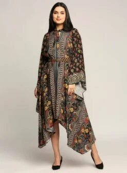 Black Batik Printed Asymmetrical Dress
