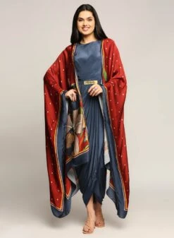 Blue And Red Orchid Printed Drape Dress With Cape