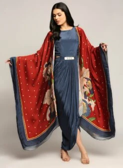 Blue And Red Orchid Printed Drape Dress With Cape -Ethereal Styles sp3410 3