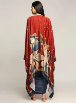 Blue And Red Orchid Printed Drape Dress With Cape -Ethereal Styles sp3410 b