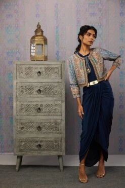 Dress-Navy Blue, Jacket-Multi Color Ikaya Embroidered Drape Dress With Jacket -Ethereal Styles sp35952