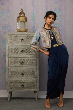 Dress-Navy Blue, Jacket-Multi Color Ikaya Embroidered Drape Dress With Jacket -Ethereal Styles sp35953