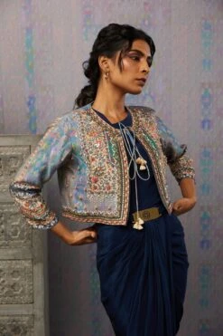 Dress-Navy Blue, Jacket-Multi Color Ikaya Embroidered Drape Dress With Jacket -Ethereal Styles sp35954