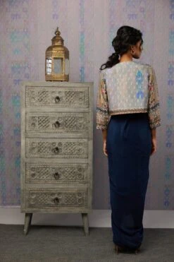 Dress-Navy Blue, Jacket-Multi Color Ikaya Embroidered Drape Dress With Jacket -Ethereal Styles sp3595b