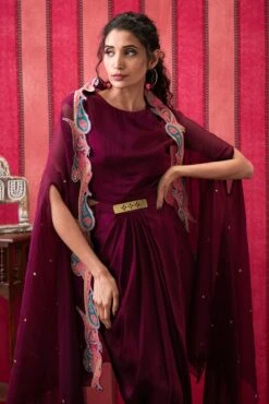 Qala Drape Dress With Printed Applique Cape -Ethereal Styles sp40604
