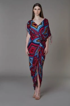 Pink And Blue Diamond V Neck Saree Dress -Ethereal Styles ss220221