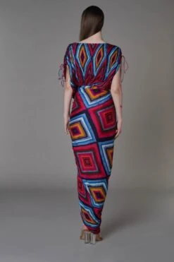 Pink And Blue Diamond V Neck Saree Dress -Ethereal Styles ss22022b