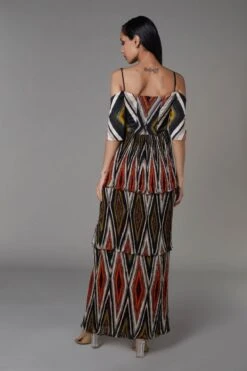 Black Diamond Satin Bustier 3 Tier Dress With Off Shoulder Sleeves -Ethereal Styles ss22060b