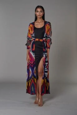 Afghani Print Cape With Solid Non Print Black Slip Dress