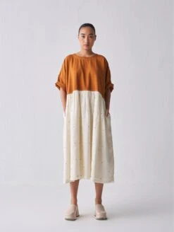 Rust And Ivory Yoke Gathered Dress