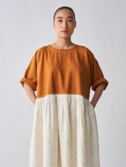 Rust And Ivory Yoke Gathered Dress -Ethereal Styles ss23d043