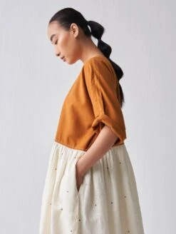 Rust And Ivory Yoke Gathered Dress -Ethereal Styles ss23d044