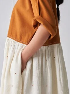 Rust And Ivory Yoke Gathered Dress -Ethereal Styles ss23d045