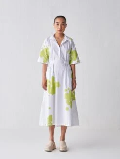 White And Lime Collared Side Elastic Waist Dress