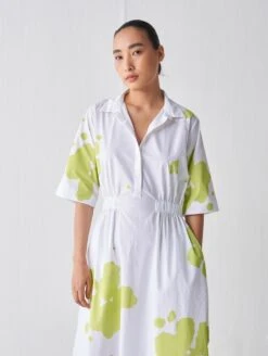 White And Lime Collared Side Elastic Waist Dress -Ethereal Styles ss23d054