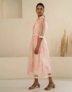 Pink Organza Petal Printed Double Layer Dress -Ethereal Styles ss23jd12