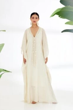 Cream Handwoven Jamdani Kaftan Dress