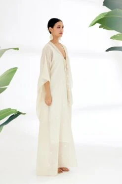 Cream Handwoven Jamdani Kaftan Dress -Ethereal Styles ss23nk814