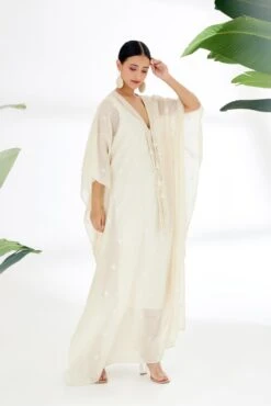 Cream Handwoven Jamdani Kaftan Dress -Ethereal Styles ss23nk815