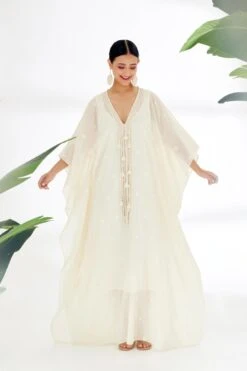 Cream Handwoven Jamdani Kaftan Dress -Ethereal Styles ss23nk81b