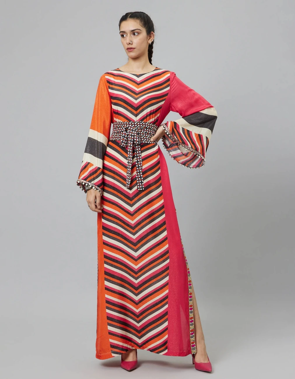 Color Block Graphic Print Column Dress With Flared Sleeves With Black Geomteric Obi Belt 3 Color Block Graphic Print Column Dress With Flared Sleeves With Black Geomteric Obi Belt