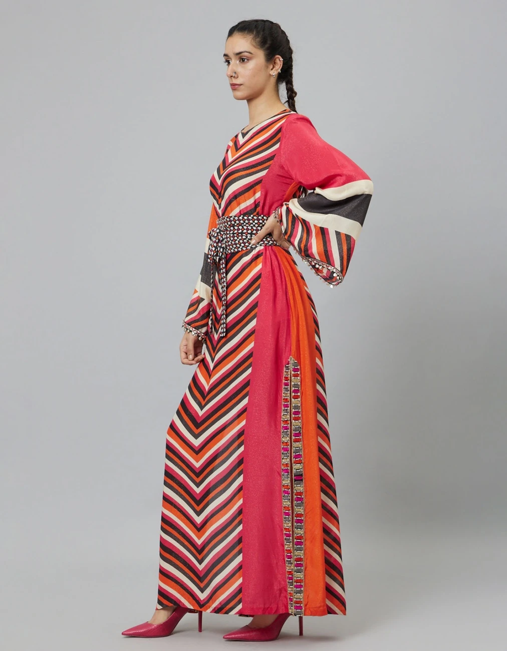Color Block Graphic Print Column Dress With Flared Sleeves With Black Geomteric Obi Belt 4 Color Block Graphic Print Column Dress With Flared Sleeves With Black Geomteric Obi Belt - Image 2