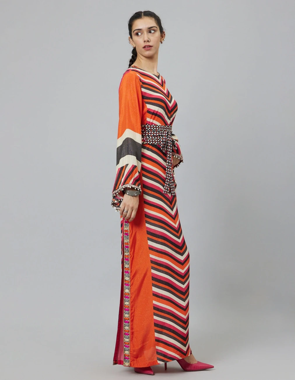 Color Block Graphic Print Column Dress With Flared Sleeves With Black Geomteric Obi Belt 5 Color Block Graphic Print Column Dress With Flared Sleeves With Black Geomteric Obi Belt - Image 3