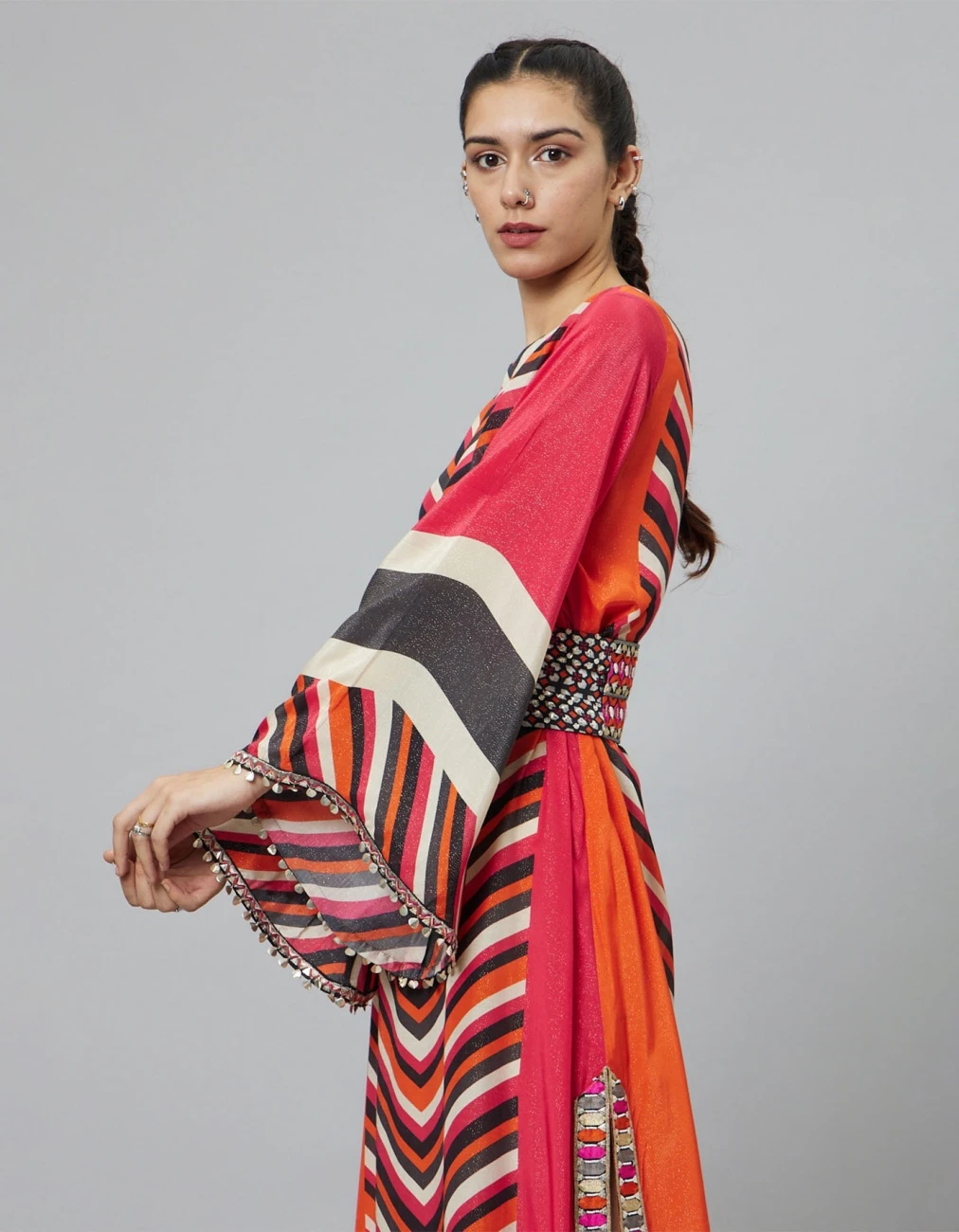 Color Block Graphic Print Column Dress With Flared Sleeves With Black Geomteric Obi Belt 8 Color Block Graphic Print Column Dress With Flared Sleeves With Black Geomteric Obi Belt - Image 6