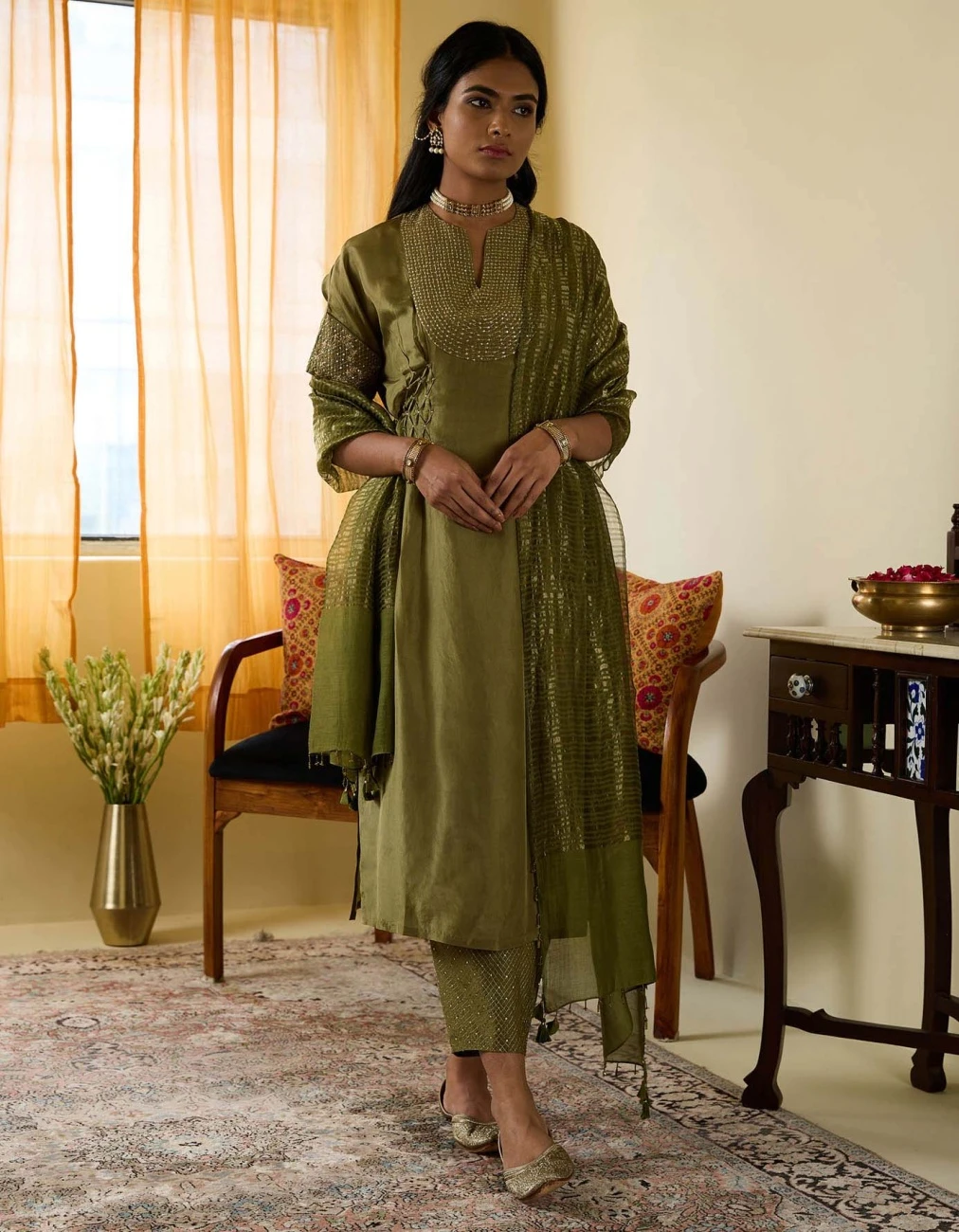 Green Kaftan Style Hand Embroidered Long Dress 3 Green Kaftan Style Hand Embroidered Long Dress
