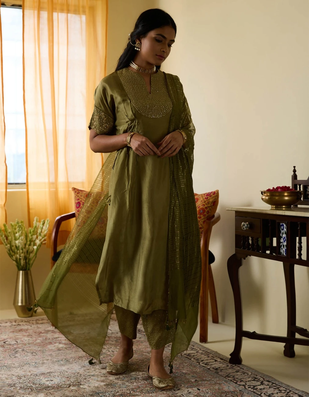 Green Kaftan Style Hand Embroidered Long Dress 4 Green Kaftan Style Hand Embroidered Long Dress - Image 2