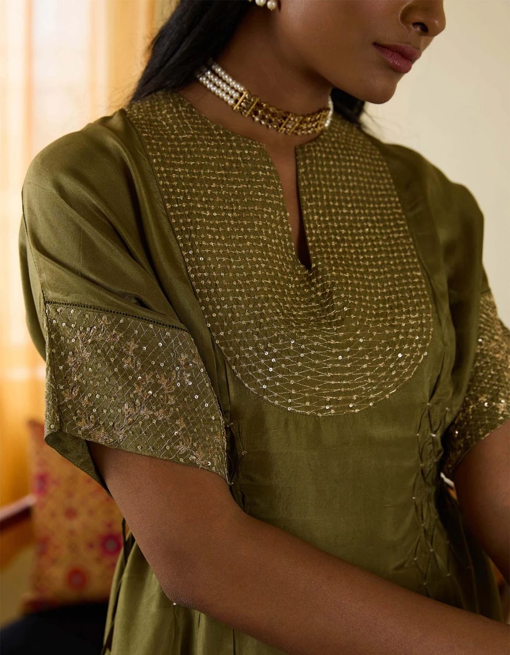 Green Kaftan Style Hand Embroidered Long Dress 6 Green Kaftan Style Hand Embroidered Long Dress - Image 4