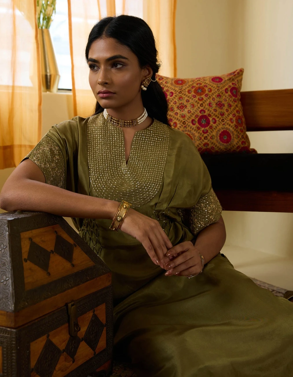 Green Kaftan Style Hand Embroidered Long Dress 8 Green Kaftan Style Hand Embroidered Long Dress - Image 6