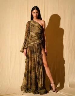 Green Python Print One Shoulder Dress With High Slit -Ethereal Styles trtrs230572