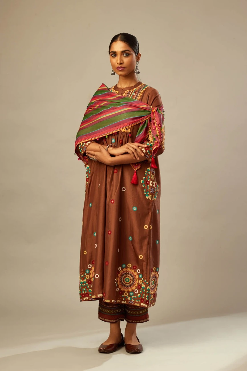 Brown Silk Gathered Kurta-Dress Set 3 Brown Silk Gathered Kurta-Dress Set