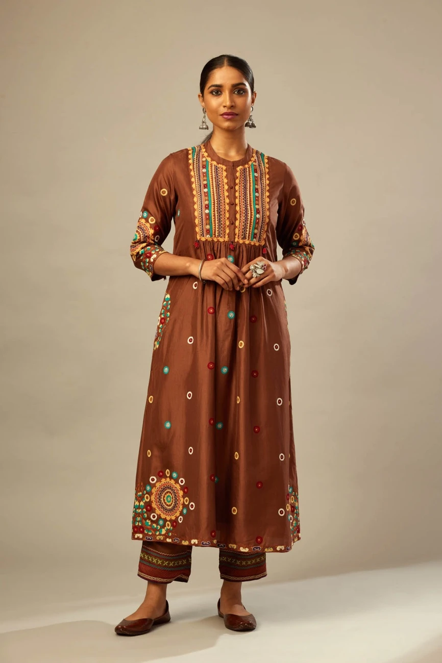 Brown Silk Gathered Kurta-Dress Set 4 Brown Silk Gathered Kurta-Dress Set - Image 2