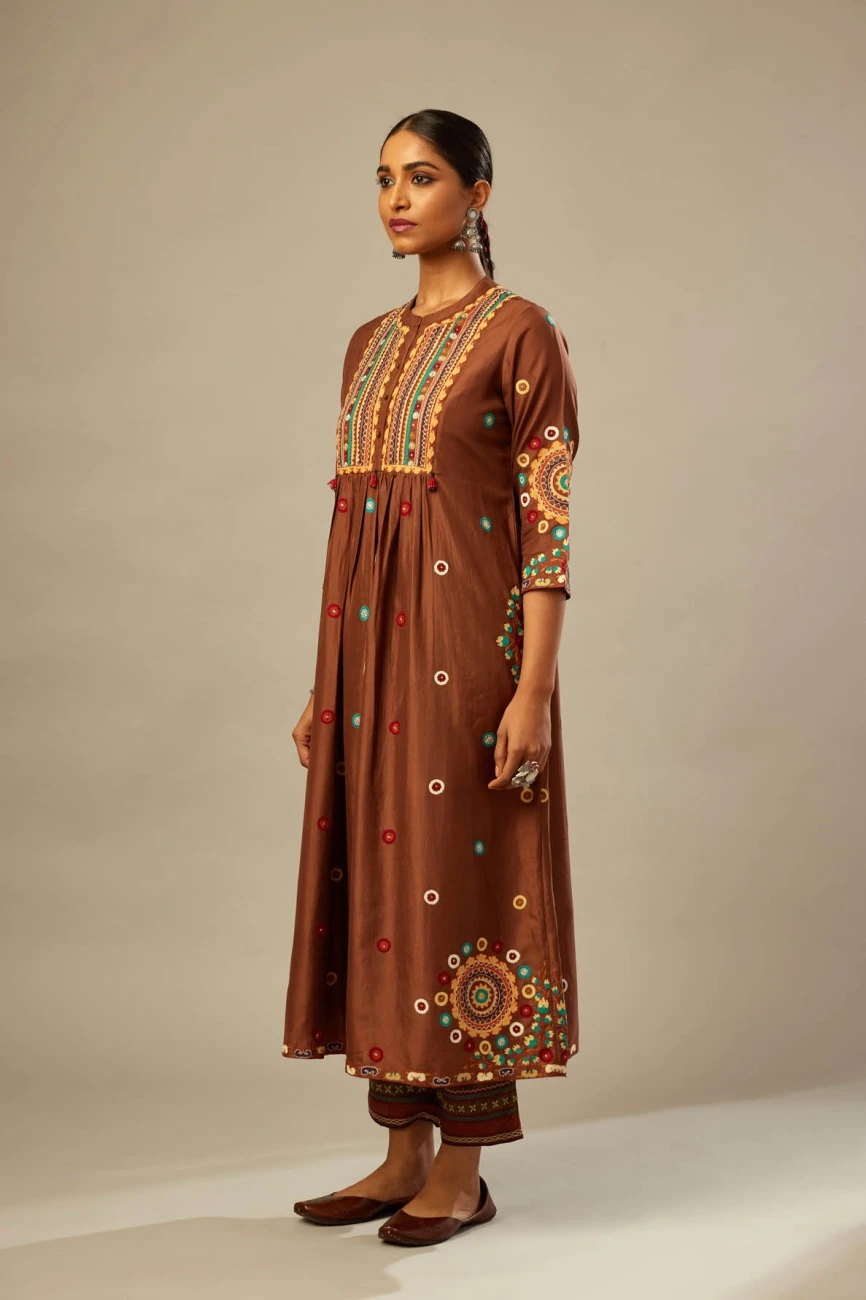 Brown Silk Gathered Kurta-Dress Set 5 Brown Silk Gathered Kurta-Dress Set - Image 3