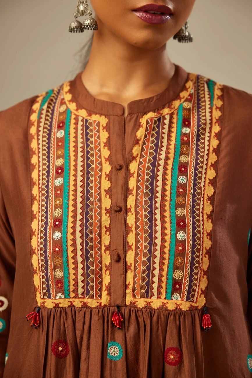 Brown Silk Gathered Kurta-Dress Set 7 Brown Silk Gathered Kurta-Dress Set - Image 5