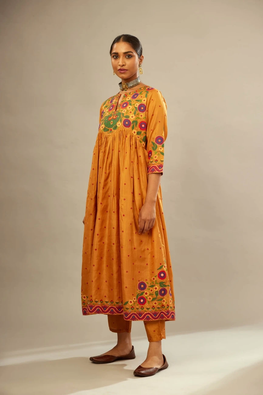 Mustard Silk Kurta-Dress Set With A Wavy High-Waist And Fine Gathers 4 Mustard Silk Kurta-Dress Set With A Wavy High-Waist And Fine Gathers - Image 2
