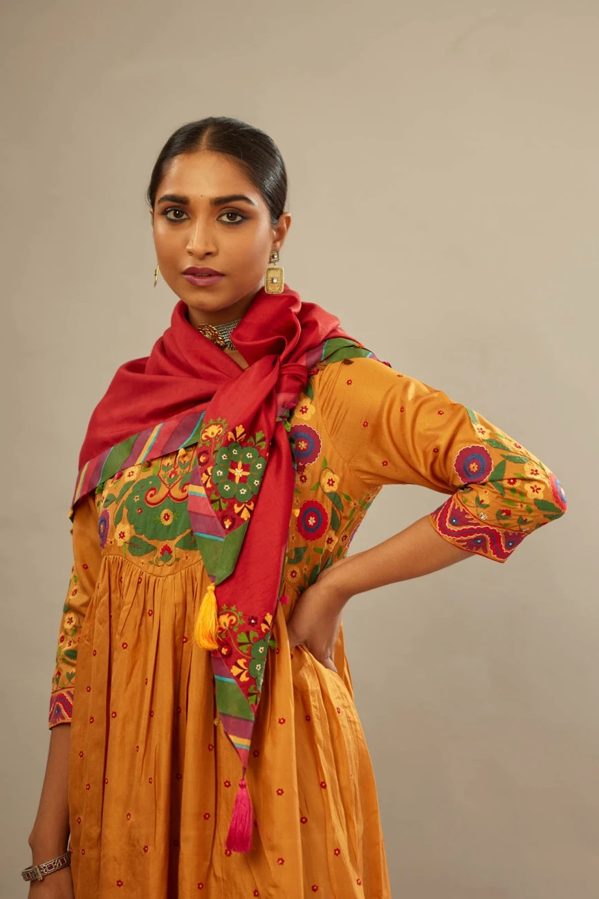 Mustard Silk Kurta-Dress Set With A Wavy High-Waist And Fine Gathers 6 Mustard Silk Kurta-Dress Set With A Wavy High-Waist And Fine Gathers - Image 4