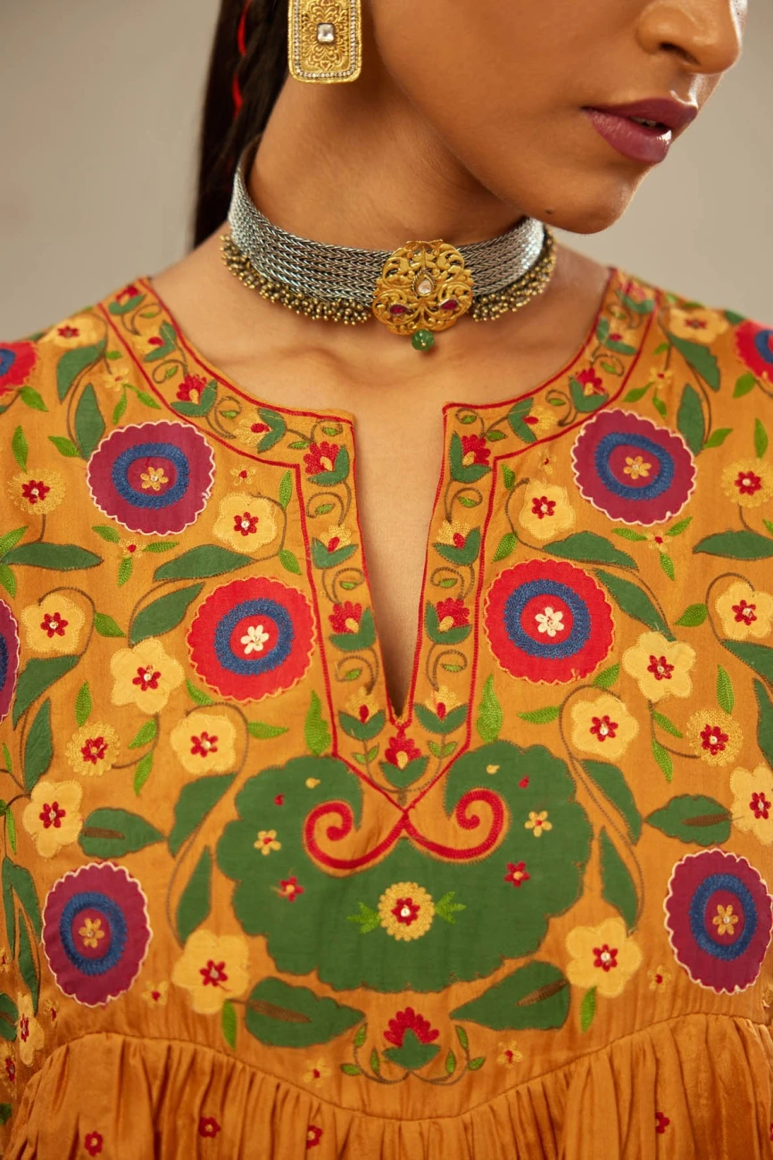 Mustard Silk Kurta-Dress Set With A Wavy High-Waist And Fine Gathers 7 Mustard Silk Kurta-Dress Set With A Wavy High-Waist And Fine Gathers - Image 5