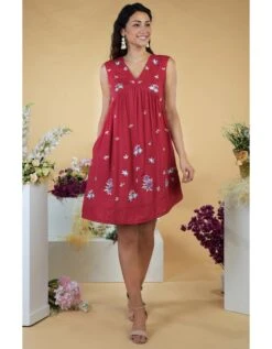 Spice Cherry Parsi Gara Asymmetric Dress -Ethereal Styles tt240drlc042