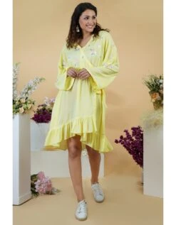 Charming Yellow Parsi Gara Wrap Around Dress -Ethereal Styles tt242drlc042