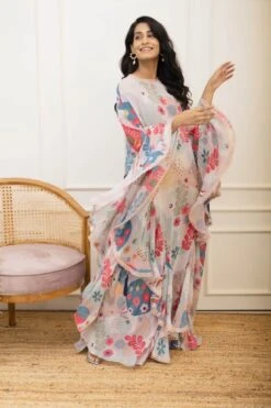 Multi Color Multicolour Amoeba Printed Ruffle Cape Dress -Ethereal Styles vbpretss22amoebanjd32