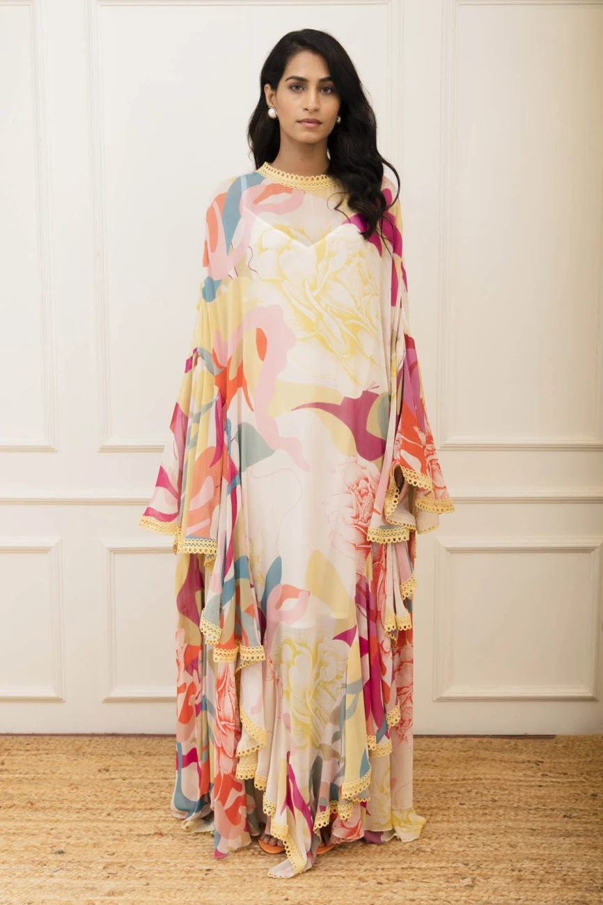 Multi Color Floral Printed Ruffle Cape Dress 3 Multi Color Floral Printed Ruffle Cape Dress