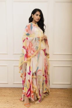 Multi Color Floral Printed Ruffle Cape Dress 8 Multi Color Floral Printed Ruffle Cape Dress -Ethereal Styles vbpretss22floralnjd32