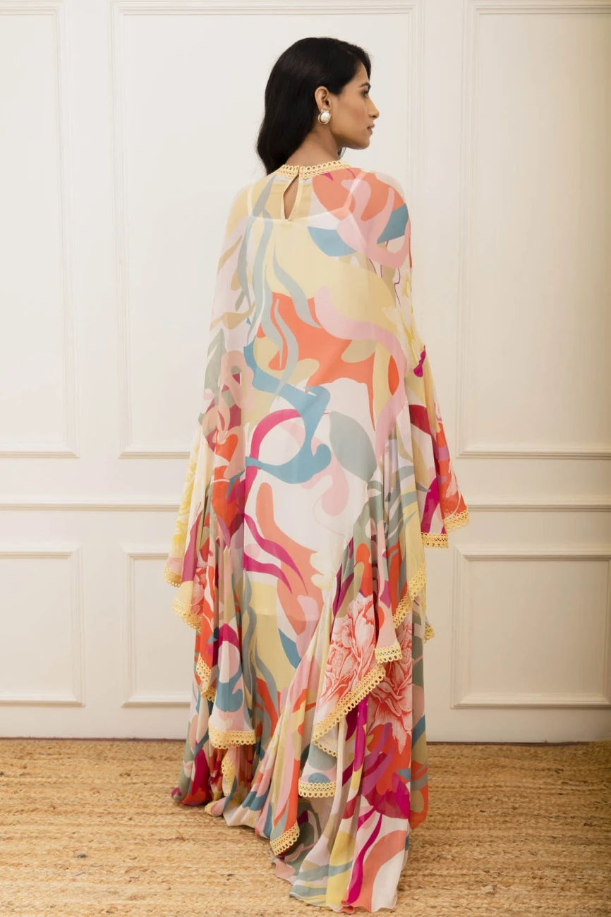 Multi Color Floral Printed Ruffle Cape Dress 7 Multi Color Floral Printed Ruffle Cape Dress - Image 5